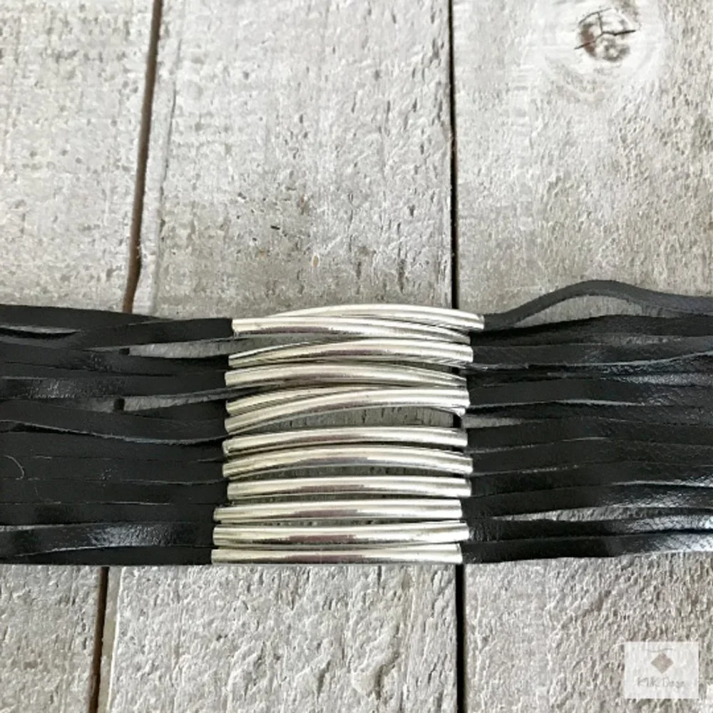 BLACK LEATHER & SILVER BAR WIDE CUFF BRACELET - Picture 2 of 5